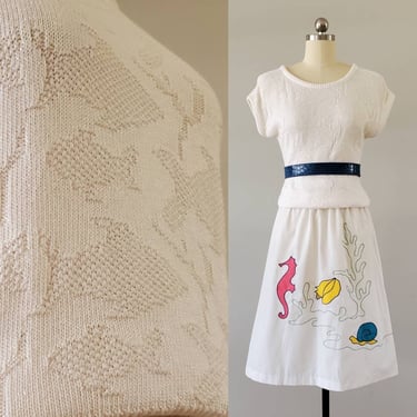 1980s Cotton and Rayon Sweater with Fish Theme 80's Short Sleeved Sweater 80s Women's Vintage Size Small/ Medium 
