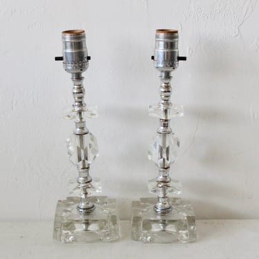 Vintage Mid Century Chrome Cut Glass Small Scale Table Lamps-a pair 