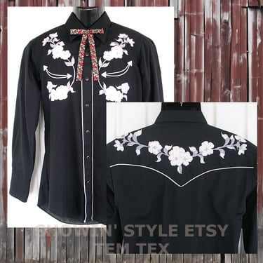 Tem Tex Vintage Western Men's Cowboy, Rodeo Shirt, Black with Embroidered White & Silver Flowers, 17.5-36, Approx. XLarge (see meas. photo) 