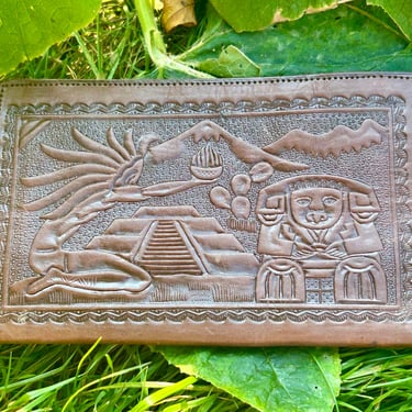 Hand Tooled Leather Wallet Aztec Mayan Mexico 70s 1970s Retro Fashion Embossed 