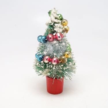 Vintage 1950's Sisal Bottle Brush Christmas Tree, Mercury Glass Beads Ornaments Garland, Antique Decor 