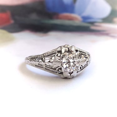 Art Deco Belais .31ct. Diamond Filigree Engagement Ring 18K 