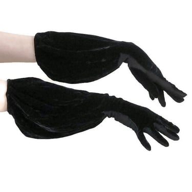 VINTAGE 40s 50s RARE Art -Deco Black Velvet Lantern Gauntlet Opera Gloves | 1940s 1950s Gothic Evening Gloves With Balloon Sleeves | VFG 