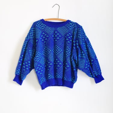 Vintage 80s blue geometric sloutchy knit sweater 