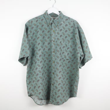 vintage 1990s grunge PAISLET geen and blue AOP 90s short sleeve denim finish shirt -- size large 