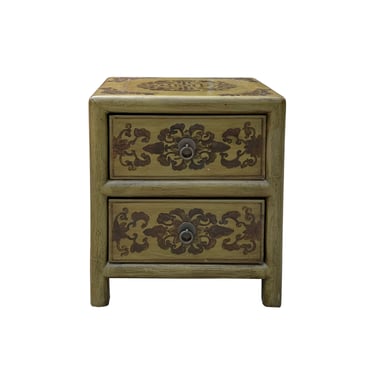 Oriental Olive Green Graphic 2 Drawers End Table Nightstand Cabinet cs7629E 