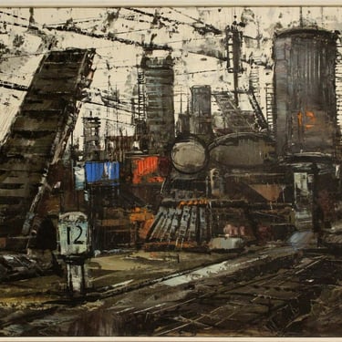 Levin Mid Century Modern Train Scene Painting 