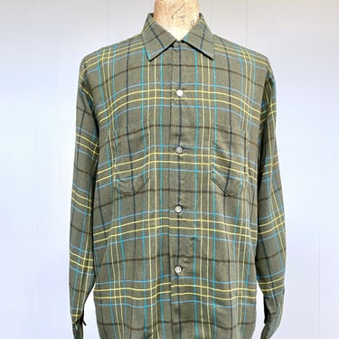 Vintage 1960s Men's Casual Plaid Shirt, Penney's Towncraft Plus Long Sleeve Button Loop Collar, Brushed Cotton Blend, Large 46" Chest 