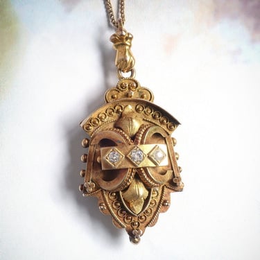 Antique Victorian Cannetille and .14 ct.t.w. Diamond Locket and 18 inch Chain 10k-14K Yellow Gold 