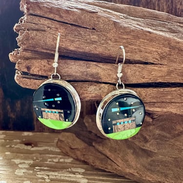 GILBERT SMITH PUEBLO Night Sky Zuni Inlay Silver Earrings | Turquoise, Jet, Wood | G Hallmark | Native American Southwestern Jewelry 