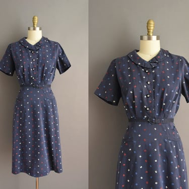 1950s dress | Navy Blue Circle Print Cotton Day Dress | Large 
