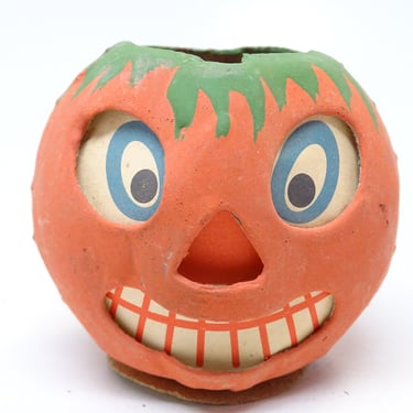Small Vintage German Jack O Lantern, Candy Container, Made in Germany, Antique JOL, Hand Painted Tomato Leaves 