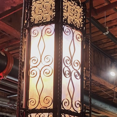 Ornate Iron Swag Lamp w Blue Slag Glass Inserts
