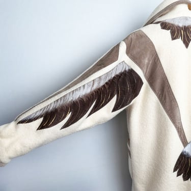 EAGLE Back, Ivory Wool & Suede Leather Coat, WINGS, Nordic, Native American Indian Winter Overcoat, Hand Painted, Vintage Canada 