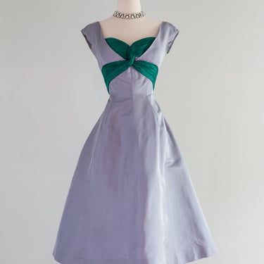 Elegant 1950's Cocktail Dress In Pewter &amp; Emerald Silk By Rudolf / SM