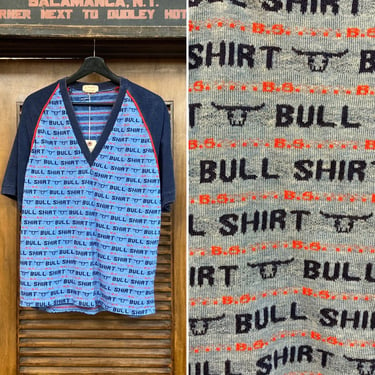 Vintage 1970’s “Bull Shirt” B.S. Knit V-Neck Shirt, 70’s Shirt, 70’s Hand Made Tee, 70’s Tee Shirt, 70’s Knit Shirt, Vintage Clothing 