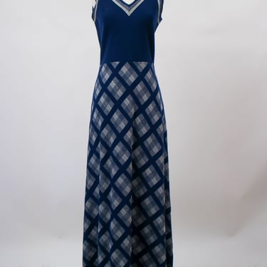 1970s Navy Blue and Silver Plaid Knit Maxi Dress