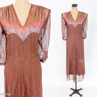 1940s Brown Lace Evening Dress | 40s  Brown Illusion Lace Cocktail Dress | X Large 