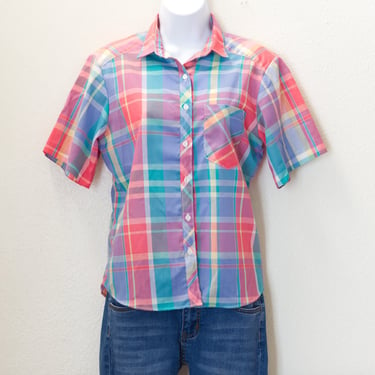 Vintage 1980s Pastel Plaid Shirt | 80s Preppy Blouse | Medium | 10 