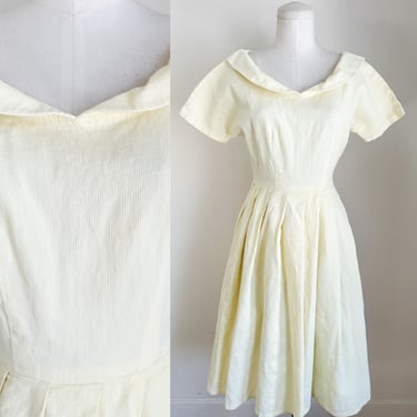 Vintage 1950s Pale Yellow Cotton Pique Dress / XS 
