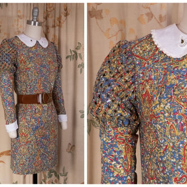 1960s Dress - Sassy Vintage 60s Paisley Mini Dress with Medieval Revival Woven Sleeves. 