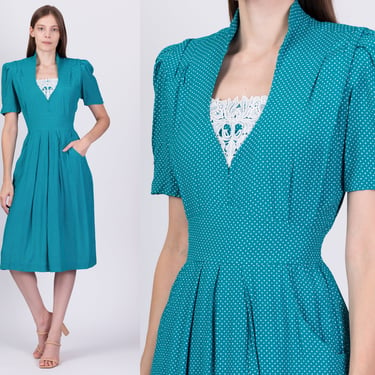 80s Teal Polka Dot Midi Dress - Extra Small | Vintage Karin Stevens Fit & Flare Puff Sleeve Pocket Dress 