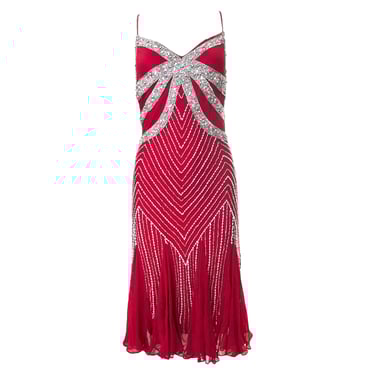 2000s Red Silk Chiffon Heavily Beaded Showgirl Dress