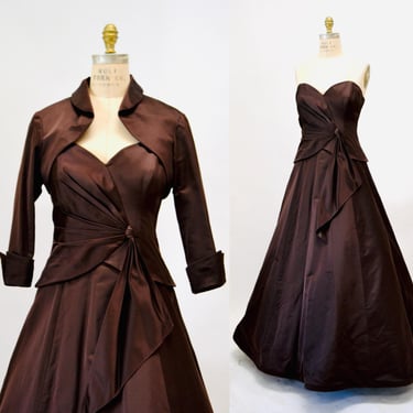 Vintage Brown Silk Strapless Ball Gown Dress with Jacket Pesavento Couture Evening Dress Jacket Chocolate Brown Strapless Dress Medium Silk 