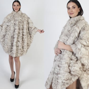 Saga White Arctic Fox Cape, Vintage 80s Womens Real Fur Jacket, Patchwork Apres Ski Poncho Coat 