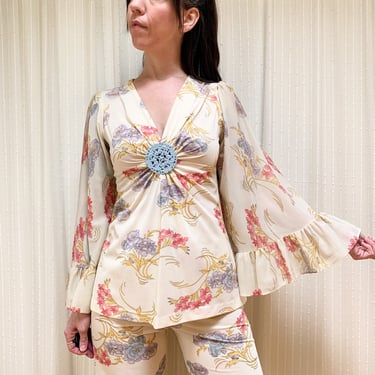 70s angel sleeve floral two piece set 