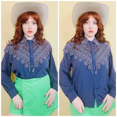1980s Vintage Blue Antique Lace Collar Blouse / 80s Western Victorian Collar Button Up Shirt / Large 