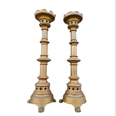 Antique Gothic Revival Bronze Church Altar Stick Candle Prickets Pair, 19th Century Candlesticks 