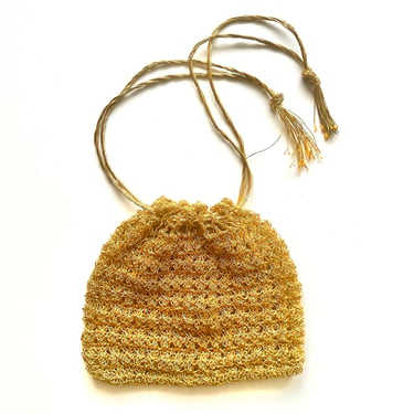 Vintage Metallic Gold Crochet Drawstring Bag Boho Glam Handbag Purse 