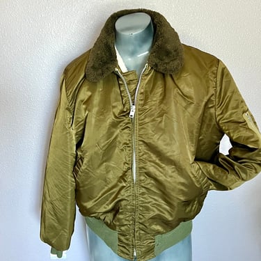 Drab Green Bomber, Flight Jacket, Shearling Lined, Military Style, Vintage 