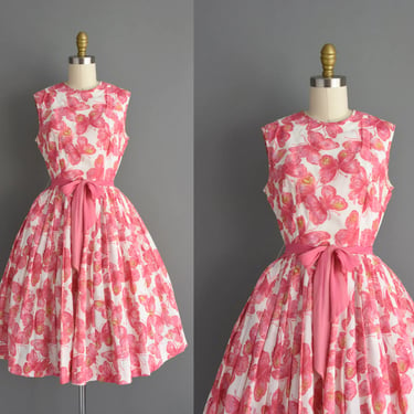 1950s vintage dress | Pink Butterfly Novelty Print Summer Day Dress | Small Medium | 50s dress 
