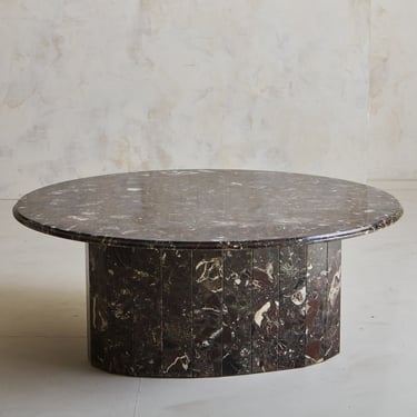 Round Rosso Levanto Marble Coffee Table with Tessellated Oval Base