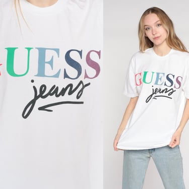 Guess Jeans Shirt 90s Graphic Tee White T-Shirt Spellout Retro Streetwear Colorful Logo TShirt Georges Marciano Vintage 1990s Large L 