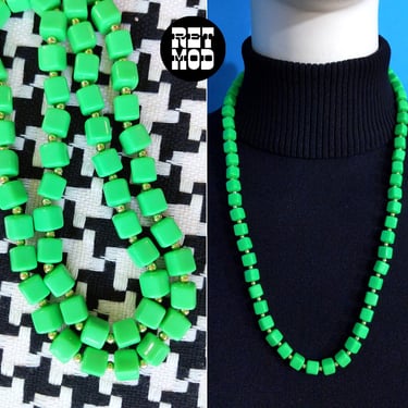 Chunky Vintage 60s 70s Green Square Beaded Mod Statement Necklace 