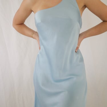Vintage Sky Blue Silk One Shoulder Slip Dress - Small 