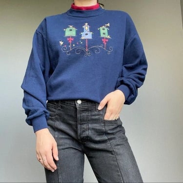 Vintage Women's 90s Top Stitch Women’s Navy Blue Christmas Novelty Oversized Sweatshirt Sz L 