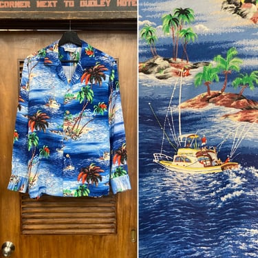 Vintage 1950’s “Iolani” Nautical Boat Tiki Tropical Crepe Long Sleeve Hawaiian Shirt, 50’s Loop Collar, Vintage Clothing 