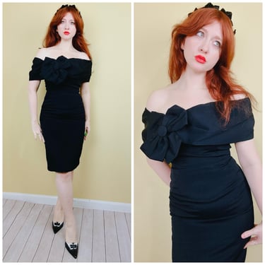 1980s Vintage Topaz Rayon and Acetate Black Wiggle Dress / 80s Off Shoulder Huge 3D Flower Cocktail Gown / Small 