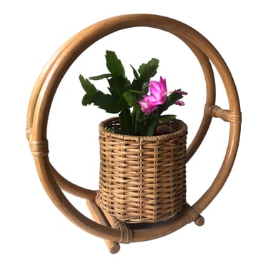 Vintage Circular Rattan Planter | Boho Bottle Holder | Napkin/Silverware Caddy | Hanging or Tabletop | TWO AVAILABLE! 