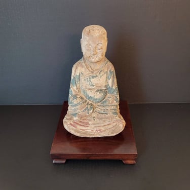 Antique Chinese Meditation Buddha Carved Polychrome Wood Statue, 19th Century 