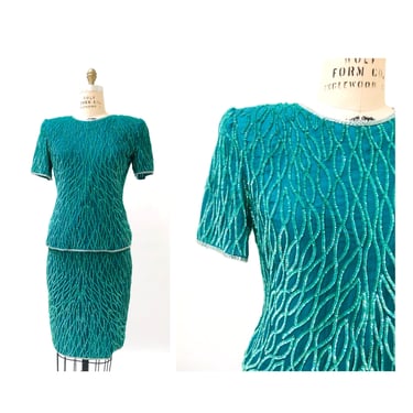 80s 90s Vintage Sequin Top Skirt Dress Set Medium 80s 90s Glam Skirt Top Dress  Blue Green Teal  90s Party Dynasty Flapper Costume 