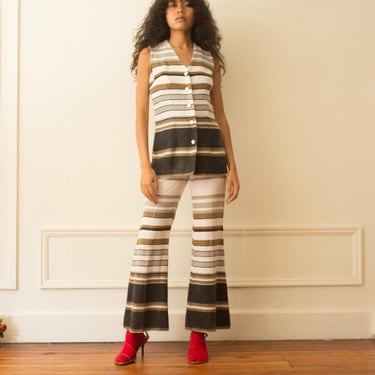 1960s Striped Linen-Blend Vest And Bell Bottoms Set 