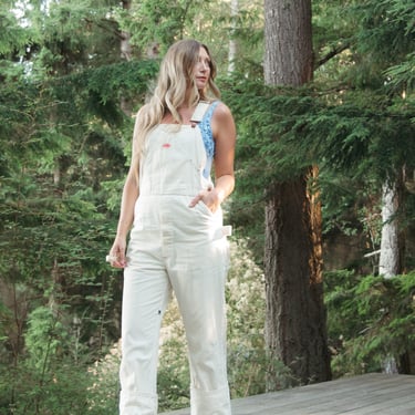 70s Vintage Round House Overalls, Distressed Unisex Painter Overall Pants Workwear White Jean Dungarees 