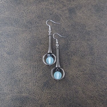 Mid century modern earrings ice blue frosted glass and gunmetal earrings 