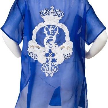 Gianfranco Ferré 1980s Vintage Blue Emblem Logo Silk Organza & Cotton T-Shirt 