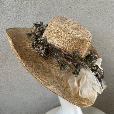 Vintage romantic natural knobby tan straw boater hat Floral trim by Fleur De Paris of New Orleans size 21” 